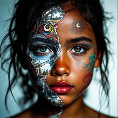 The primary subject of the image is a young girl with a unique and artistic appearance. She has a face painted with a combination of tattoos, paintings, and drawings, giving her a striking and creative look. The setting is a white background, which provides a clean and uncluttered environment for the girl's striking visual style. The visual style of the image is a mix of digital art, illustration, and drawing, creating a vibrant and eye-catching scene. The colors and mood of
